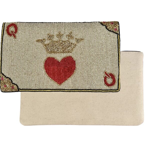 QUEEN OF HEARTS Casino Poker Seed Beaded Crossbody Chain Clutch Bag Handbag NEW - Picture 2 of 10